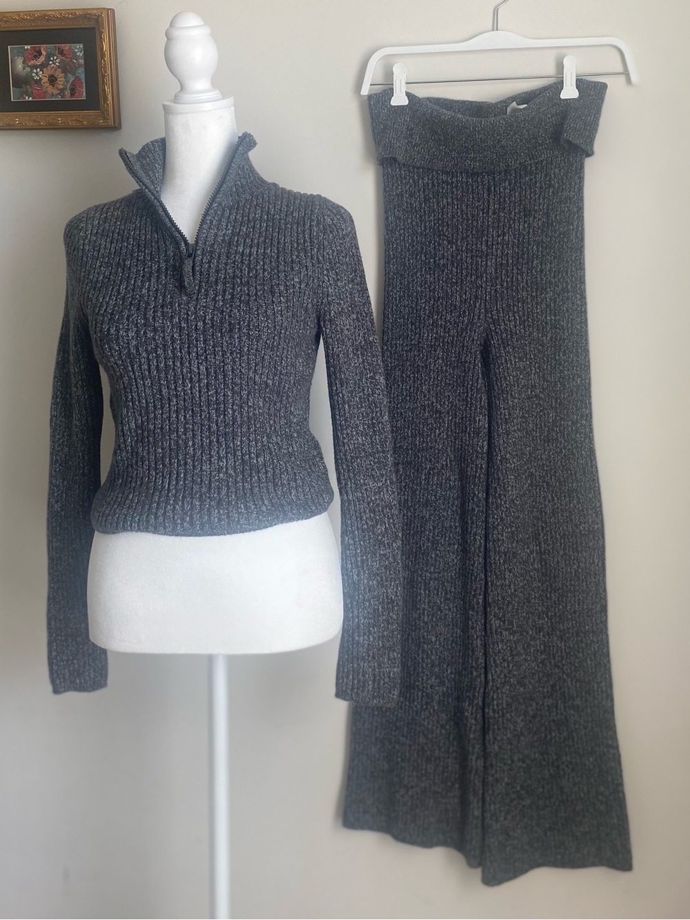Aerie Quarter zip Sweater Top Foldover Flare Pant Set Sz S Cozy Lounge